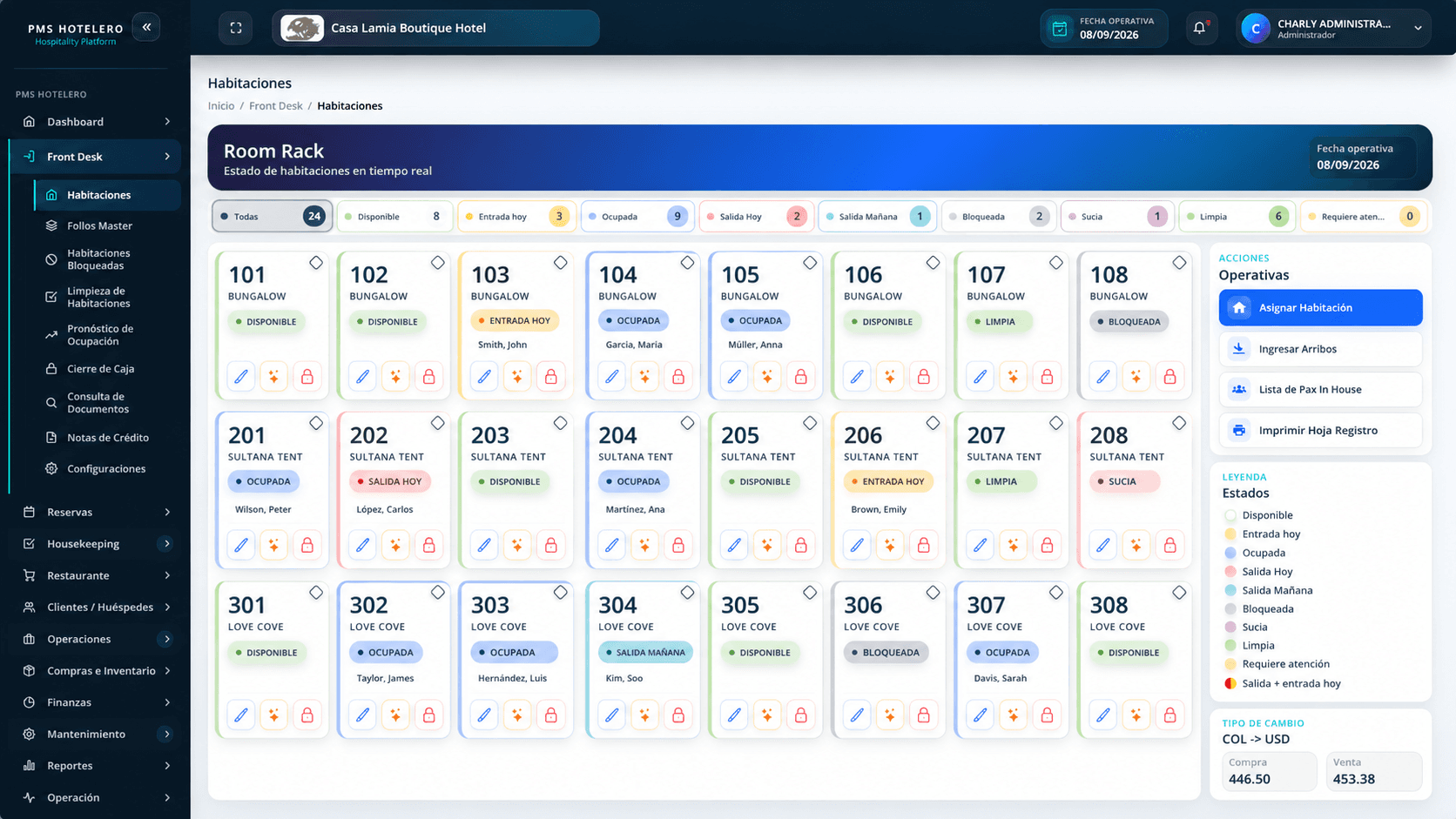 Room Rack de PMSNext con habitaciones, disponibilidad y estados operativos